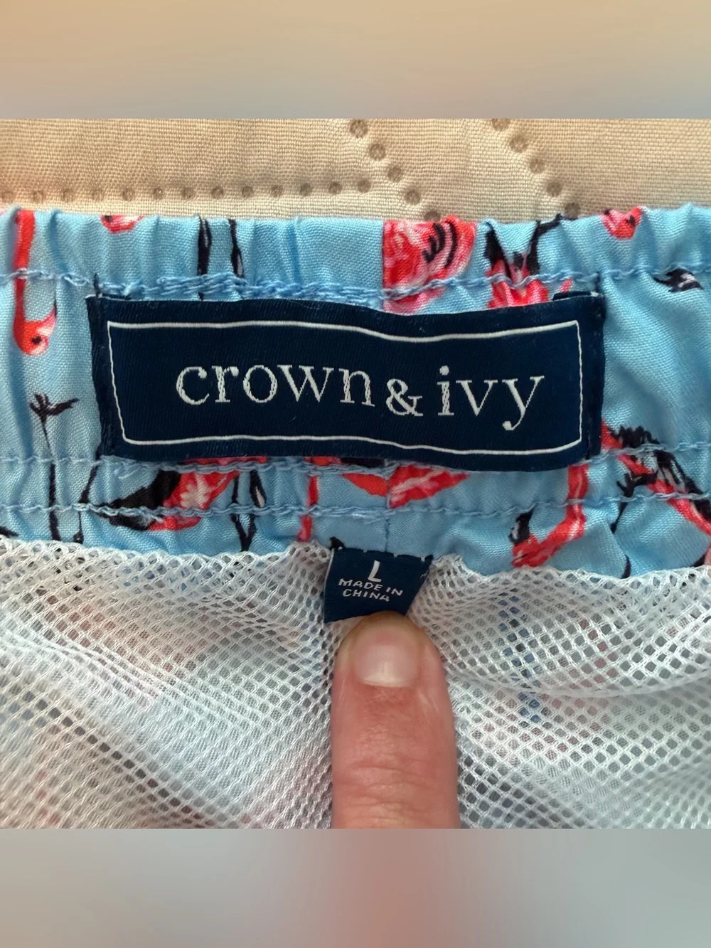 Crown & Ivey Men's Light Blue Flamingo Print Swim Trunks Size L